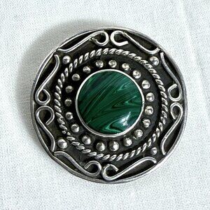 Natural Mexico Malachite Marked Silver Vintage Brooch - Signed TL-92